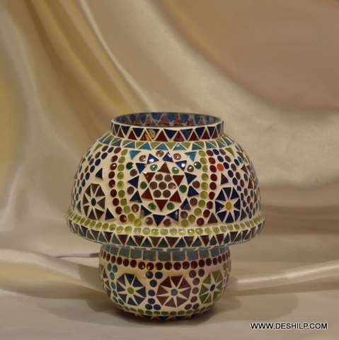 Mini Glass Mosaic Table Lamp - Glass & Metal, 3.5x8 - 4.5x9 Inch, Multicolor, Handmade Finish , Traditional Round Design With Polished Pattern