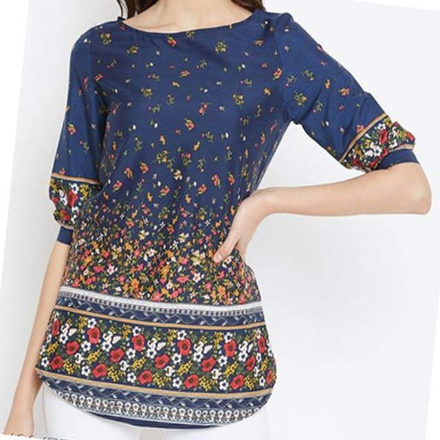Tunic Top - Rayon Fabric Sizes S/m/l/xl White Floral Design Three-fourth Sleeves Curved V-neck