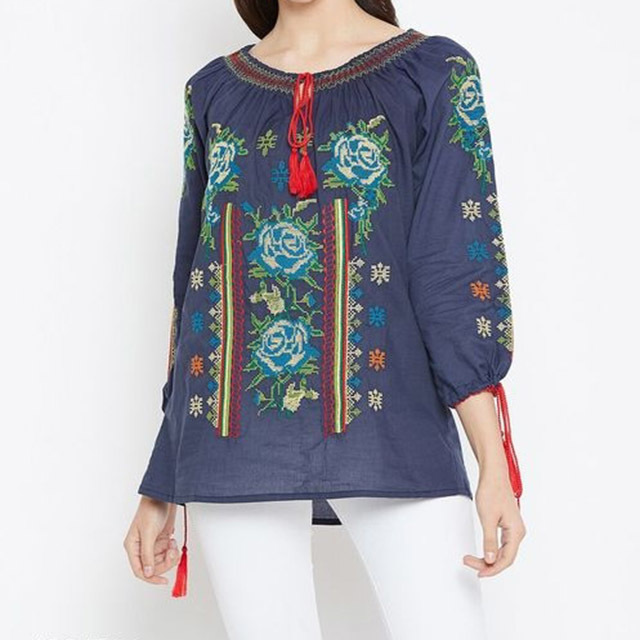 Tunic Top - Rayon Fabric Sizes S/m/l/xl White Floral Design Three-fourth Sleeves Curved V-neck