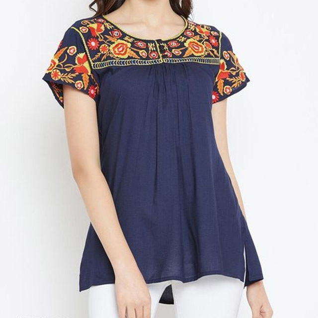 Tunic Top - Rayon Fabric Sizes S/m/l/xl White Floral Design Three-fourth Sleeves Curved V-neck
