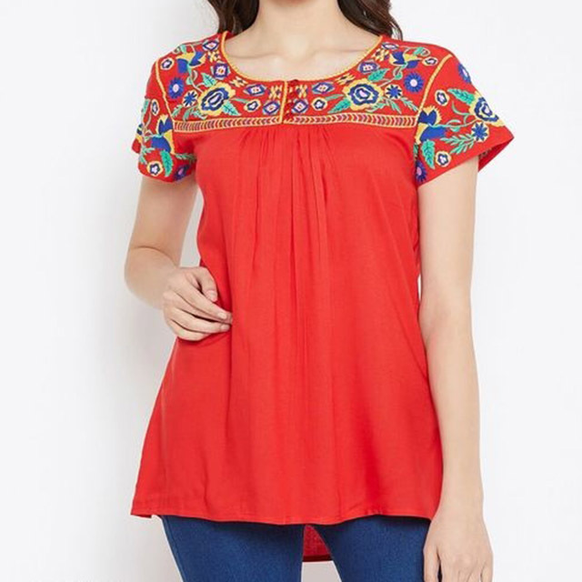 Tunics - Rayon, Sizes: S, M, L, Xl | Stylish V-neck, Three-quarter Sleeves, Center Buttons, Floral Embroidery, Summer Comfort
