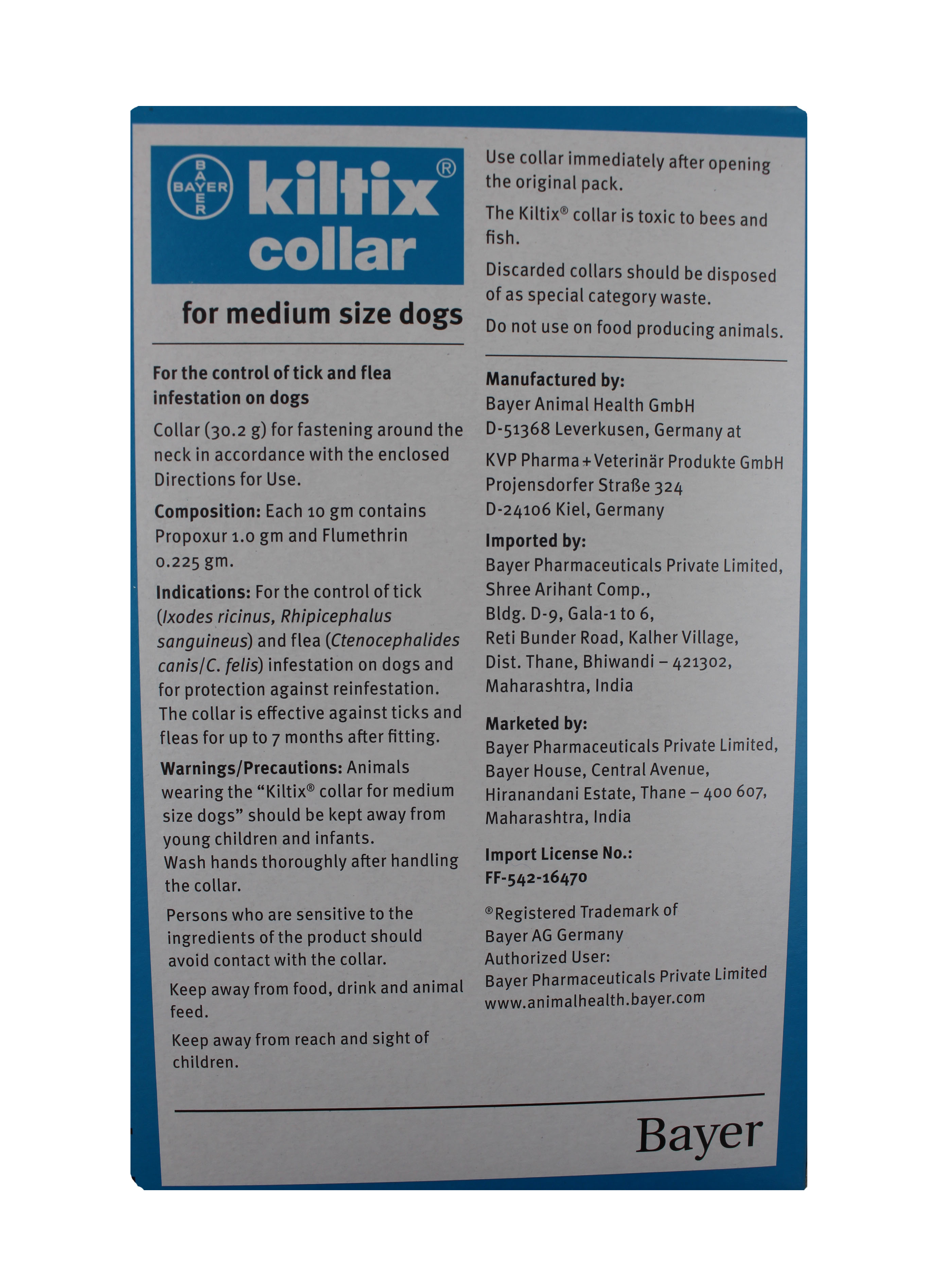 Kiltix Collar Medium Size-propoxure 1.0gm Flumethrin Ingredients: Chemicals