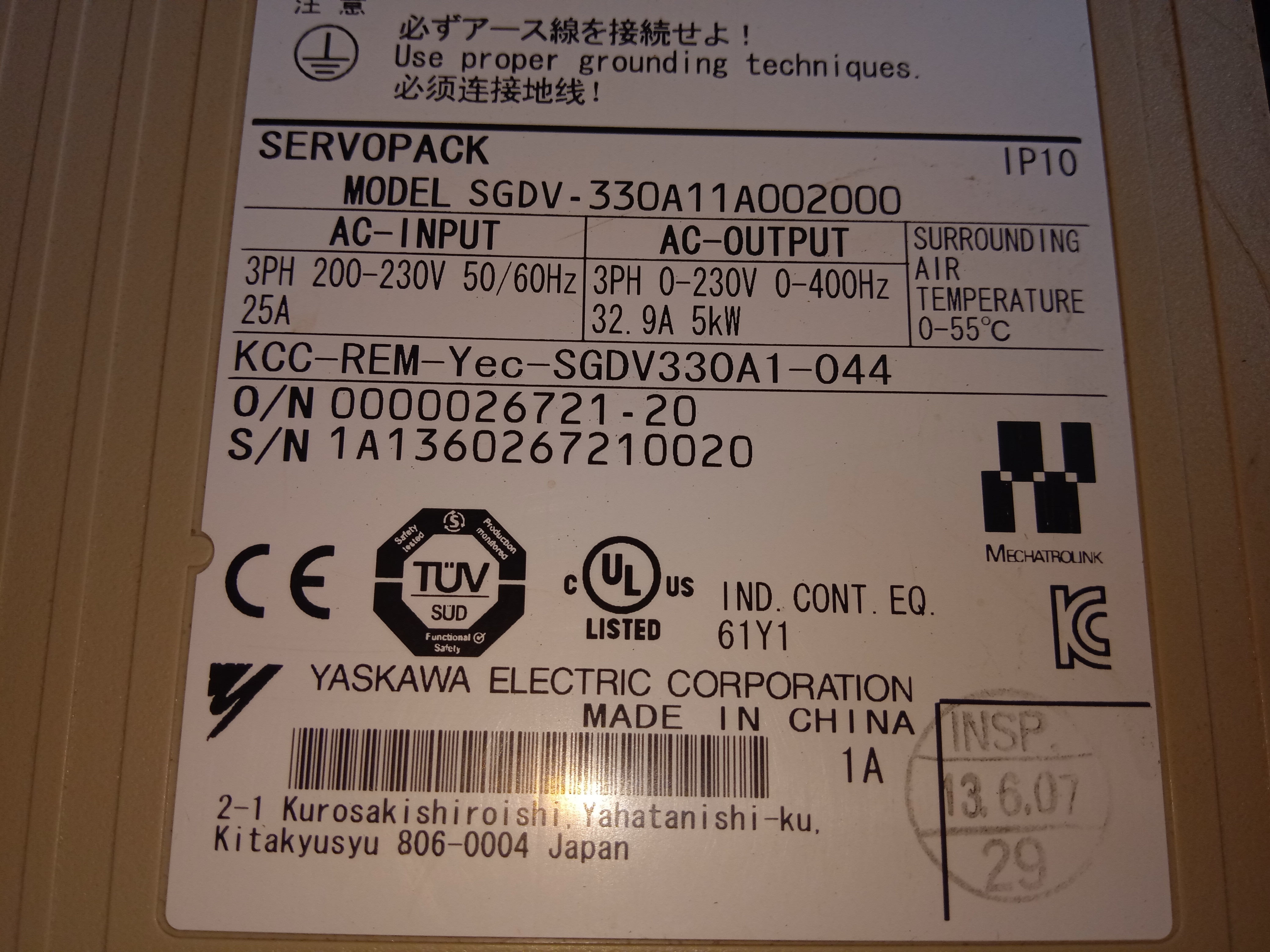 Yaskawa Servo Drive Sgdv-330a11a002000