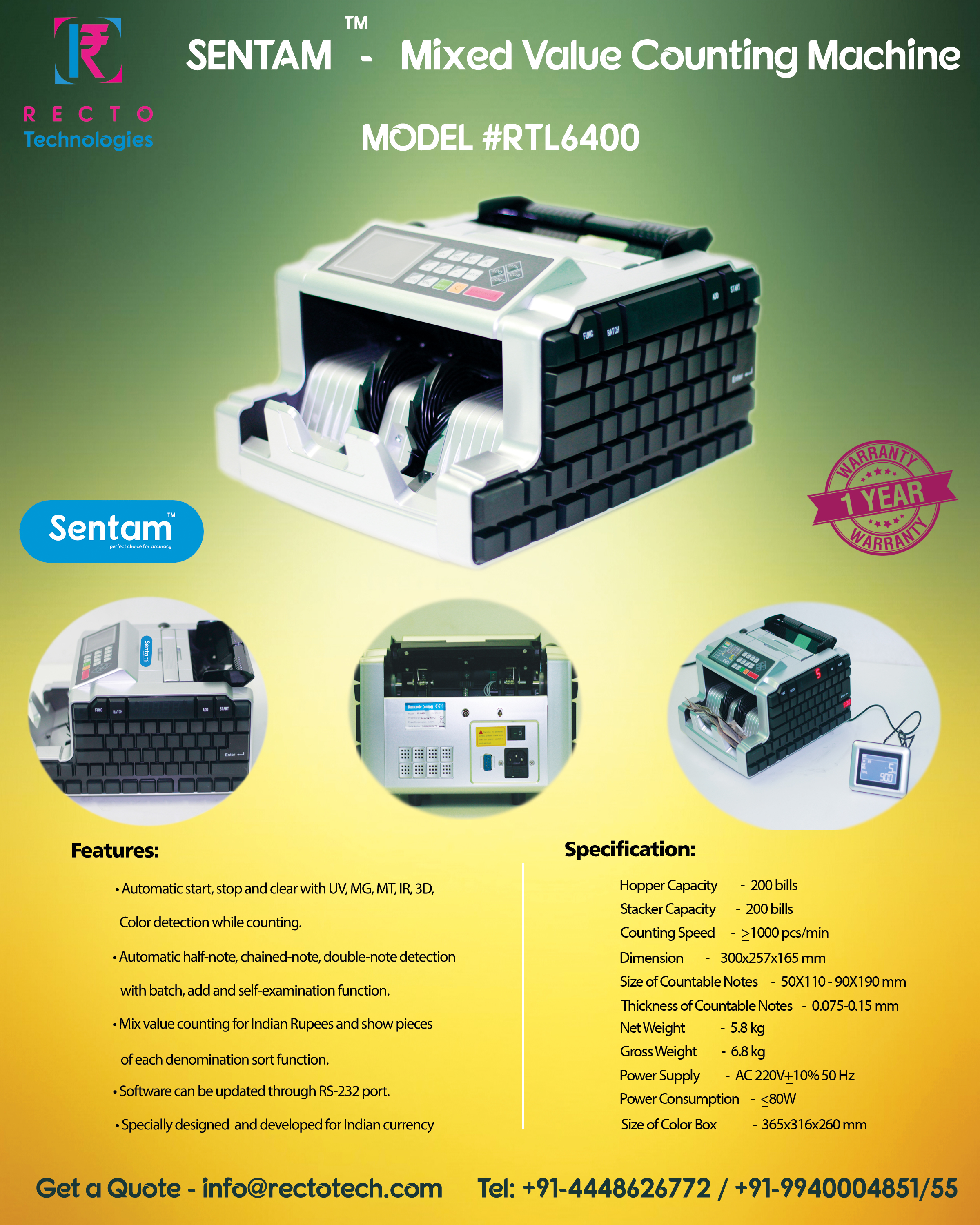 Silver With Black Sensor Cash Counting Machine