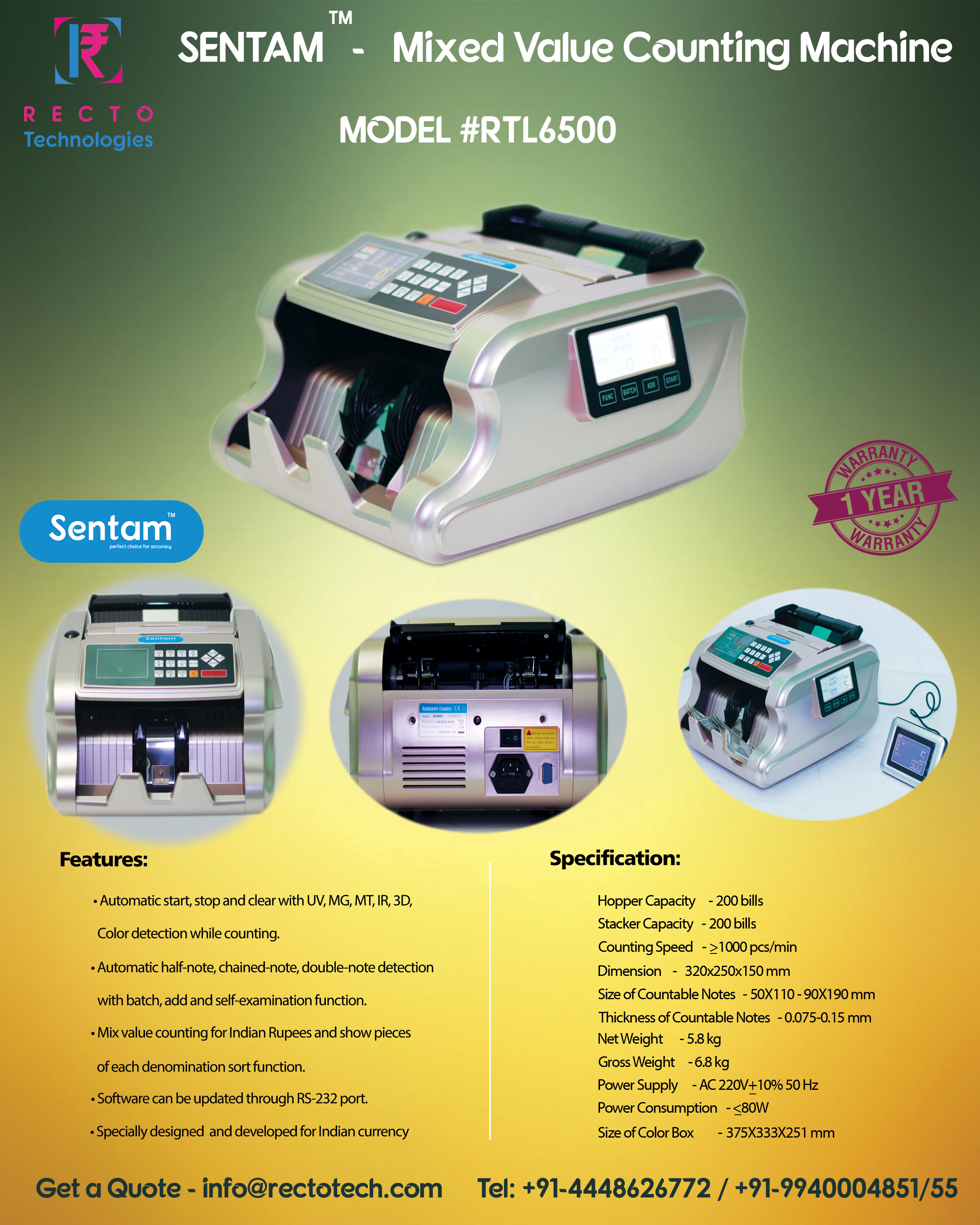 Gold Automatic Half Note Cash Counting Machine
