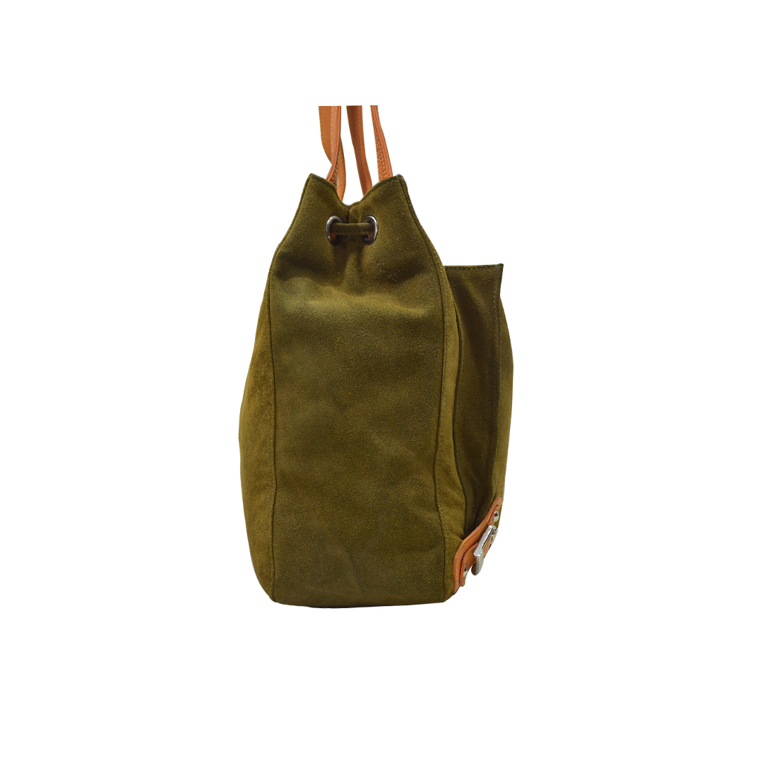 Leather Drawstring Shoulder Bag - Suede Leather, 33 X 29 X 15 Cm, Yellowish Green | Spacious Design, Nappa Shoulder Strap, Zip Pocket, Mobile Case
