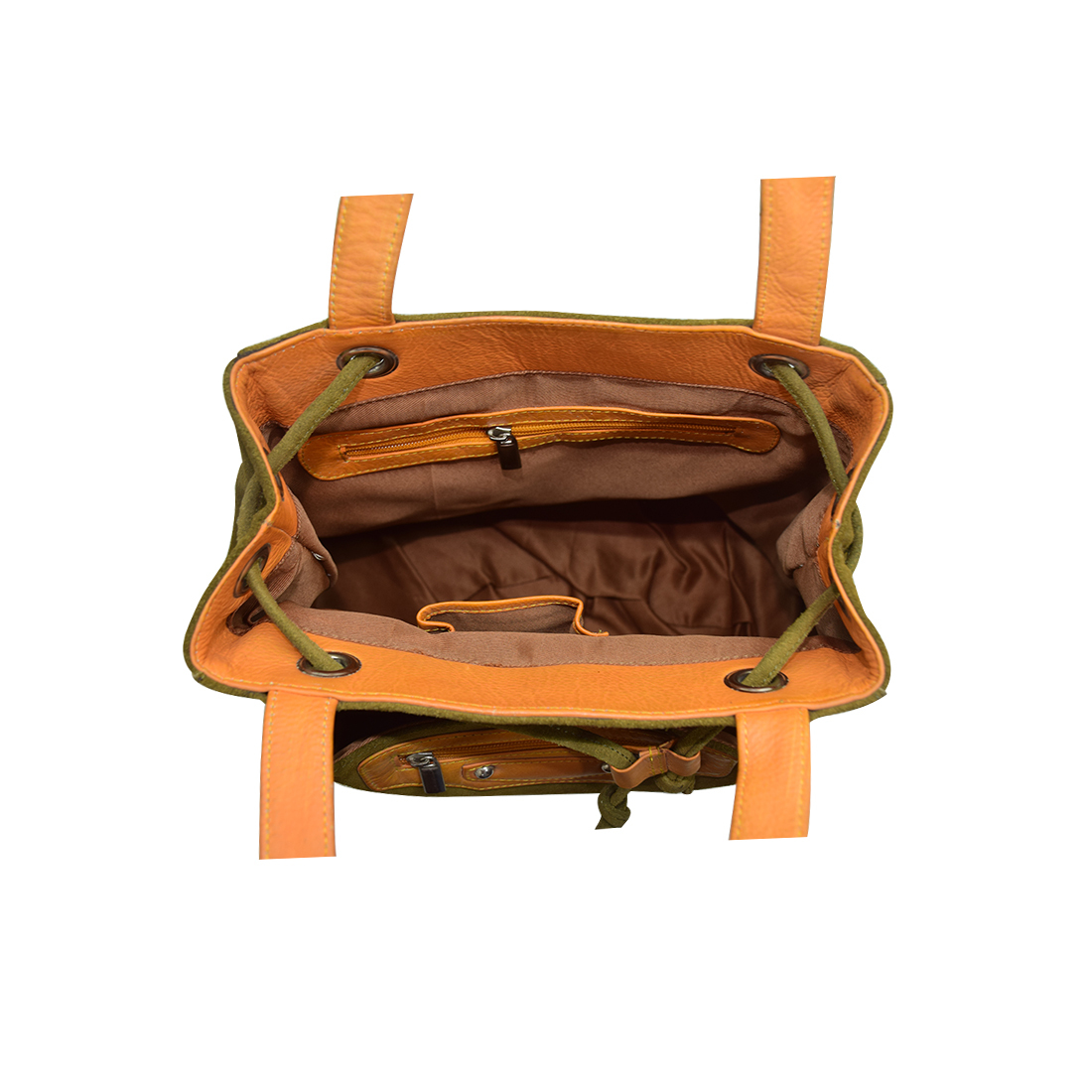 Leather Drawstring Shoulder Bag - Suede Leather, 33 X 29 X 15 Cm, Yellowish Green | Spacious Design, Nappa Shoulder Strap, Zip Pocket, Mobile Case