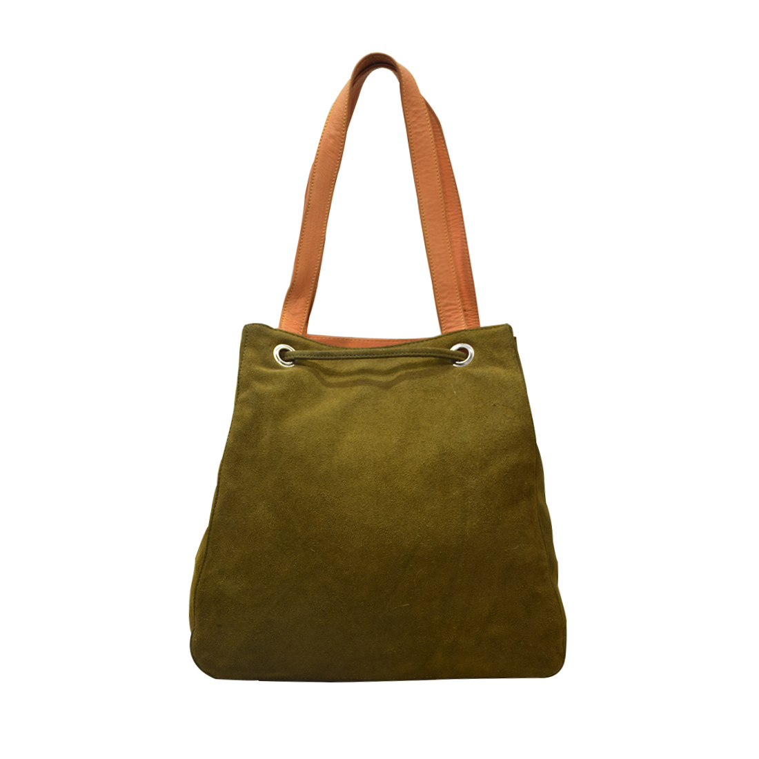 Leather Drawstring Shoulder Bag - Suede Leather, 33 X 29 X 15 Cm, Yellowish Green | Spacious Design, Nappa Shoulder Strap, Zip Pocket, Mobile Case