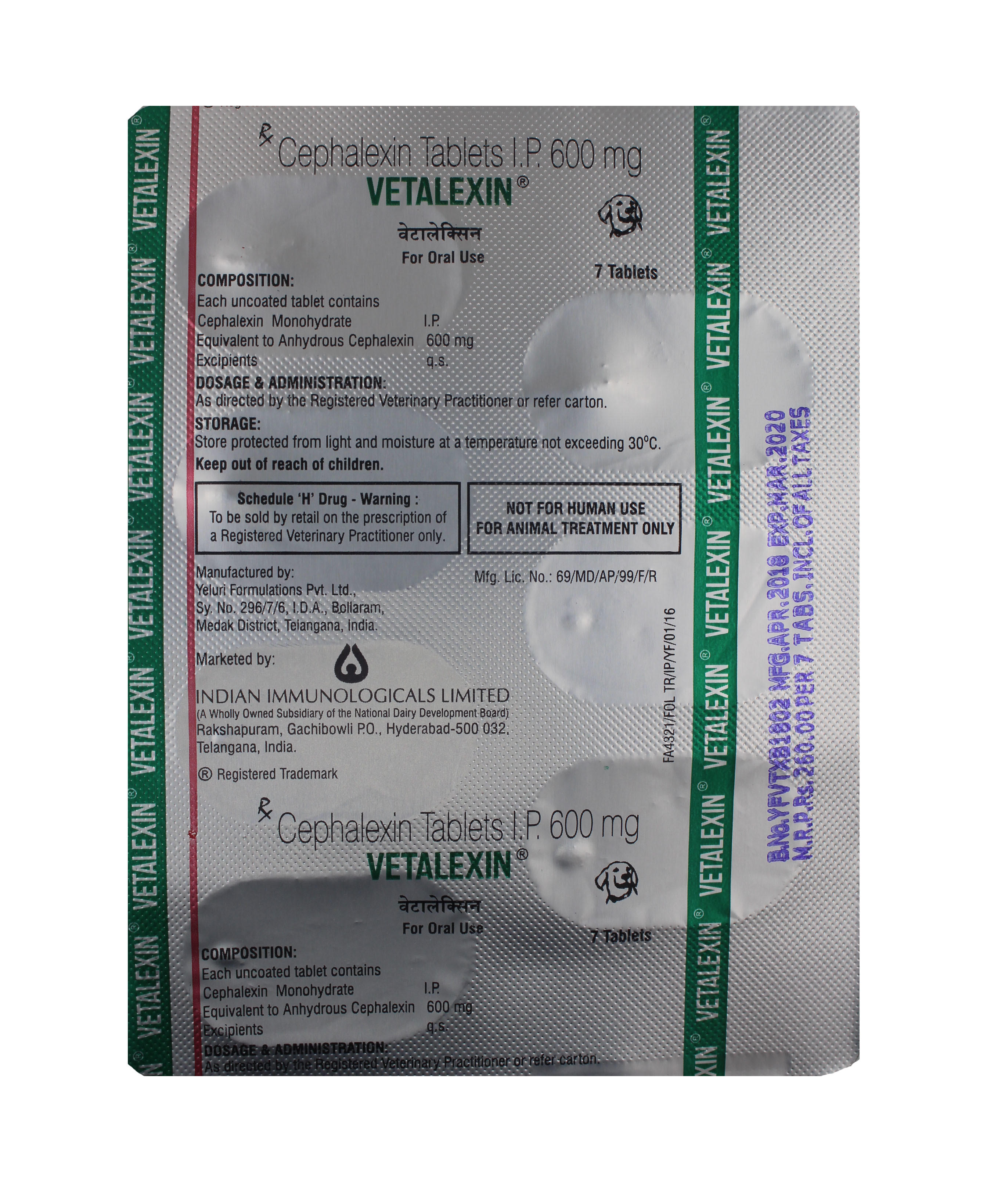 Vetalexin 600mg Tabs Cephalexin Ingredients: Chemicals