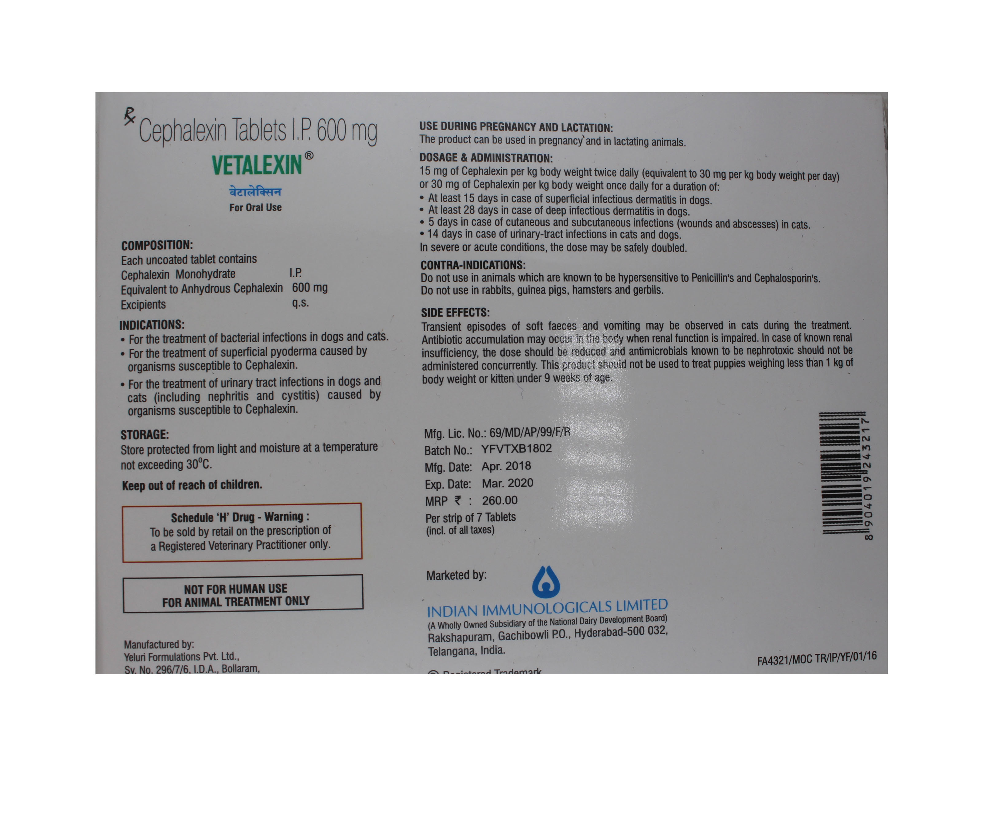 Vetalexin 600mg Tabs Cephalexin Ingredients: Chemicals