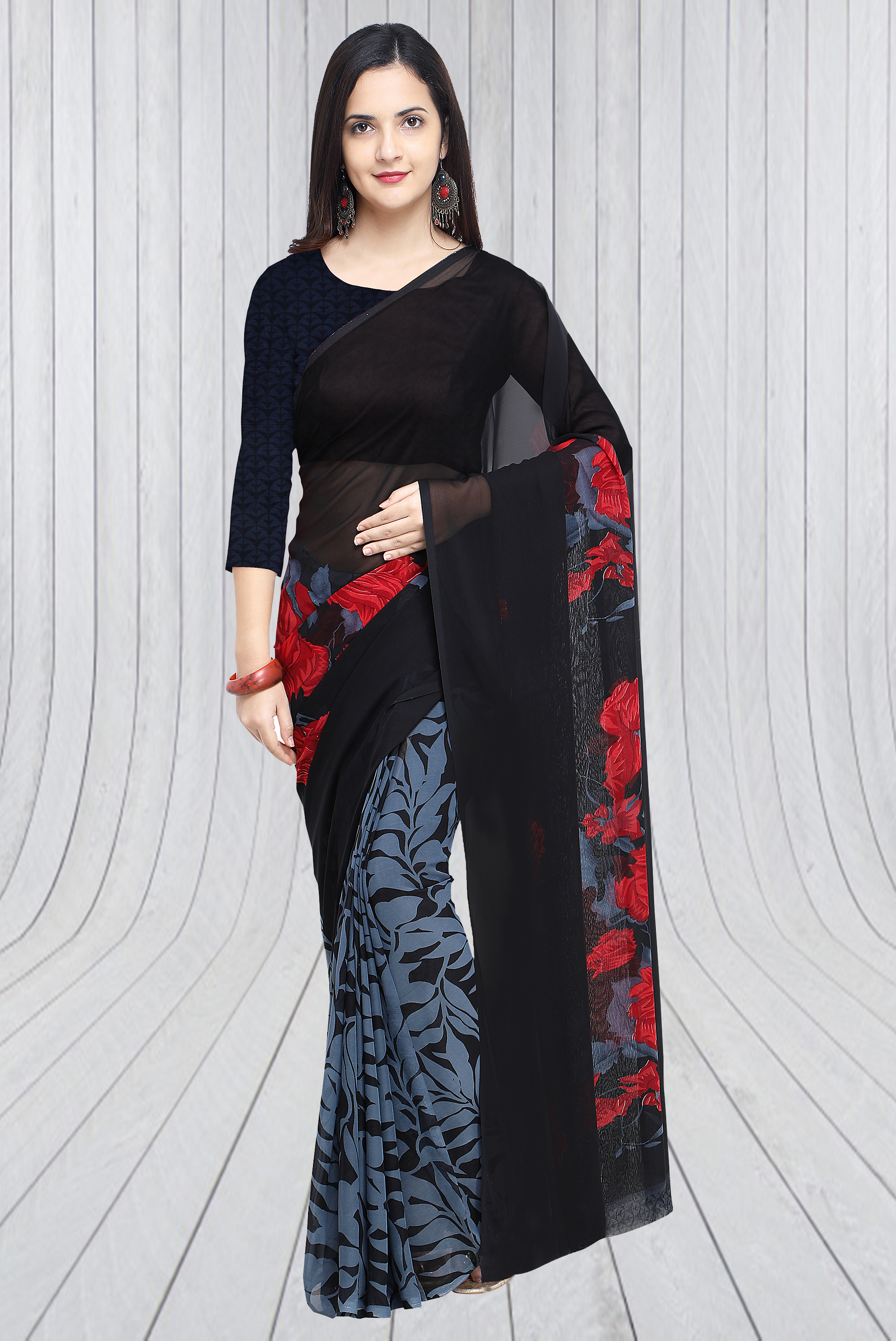Blue And Sea Blue Georgette Digital Printed Saree