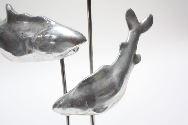 Silver Aluminum & Lucite Trio Of Sharks Sculpture