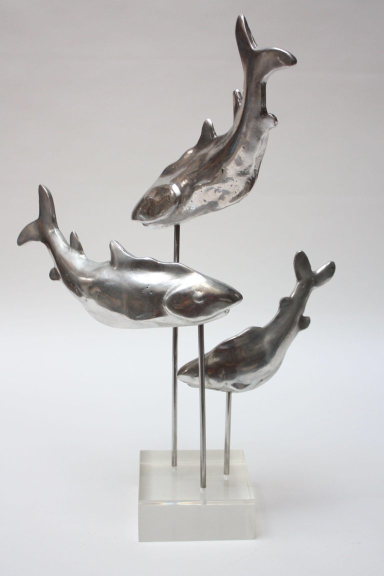 Silver Aluminum & Lucite Trio Of Sharks Sculpture