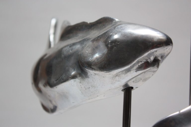 Silver Aluminum & Lucite Trio Of Sharks Sculpture