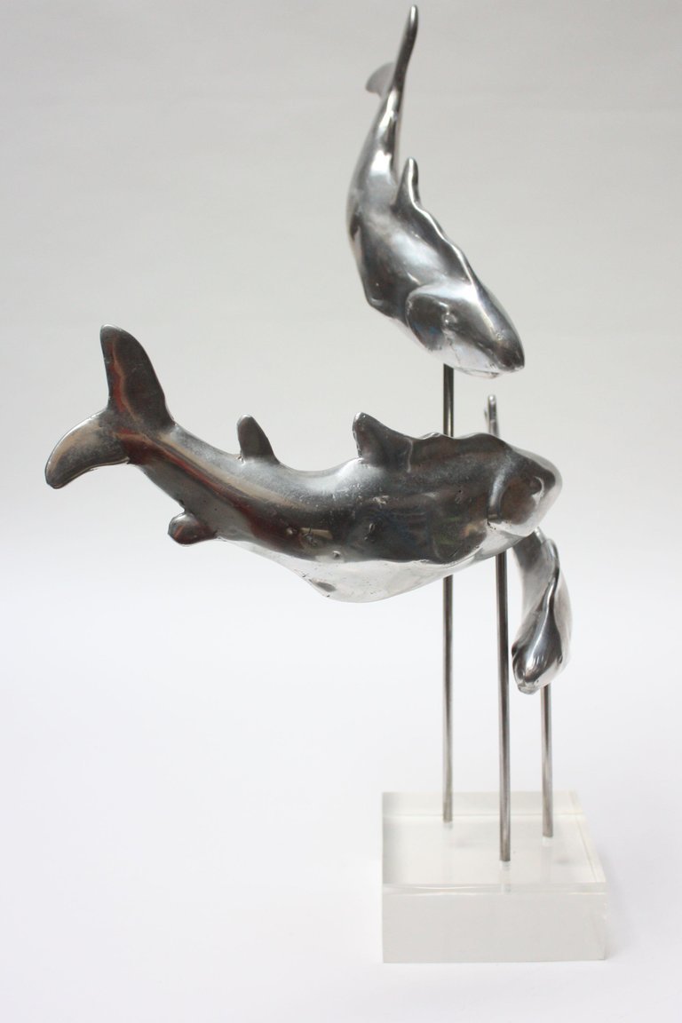Silver Aluminum & Lucite Trio Of Sharks Sculpture
