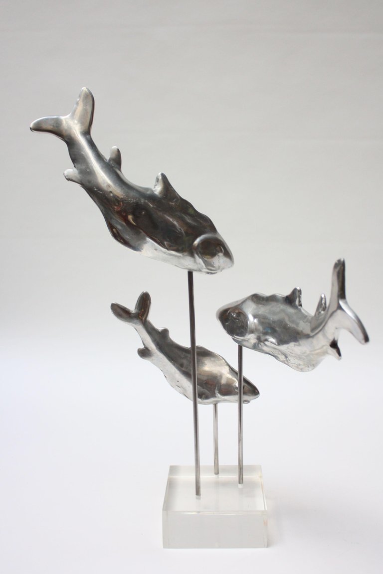 Silver Aluminum & Lucite Trio Of Sharks Sculpture