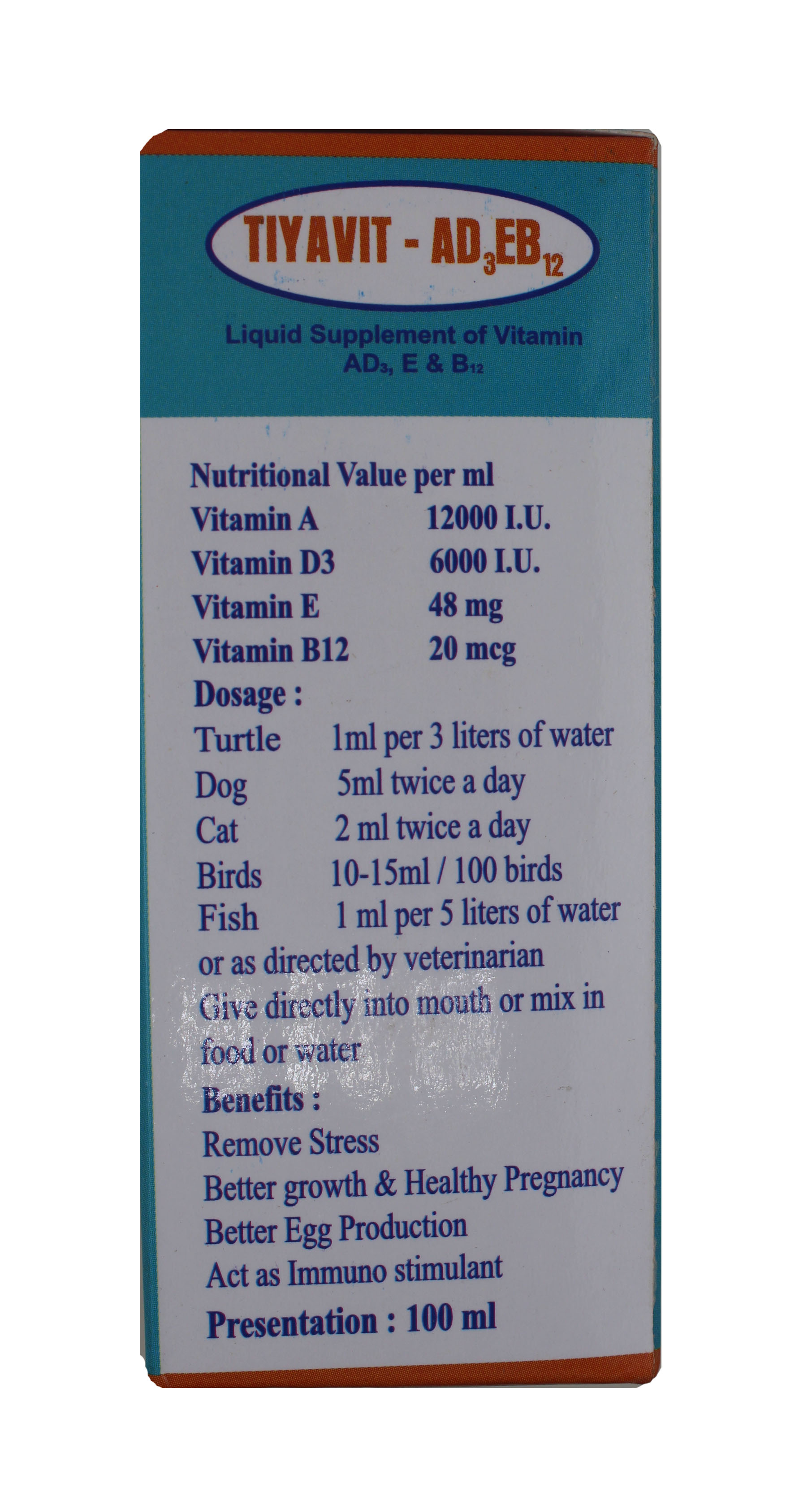 Tiyavit 100ml-feed Supliment Ingredients: Chemicals