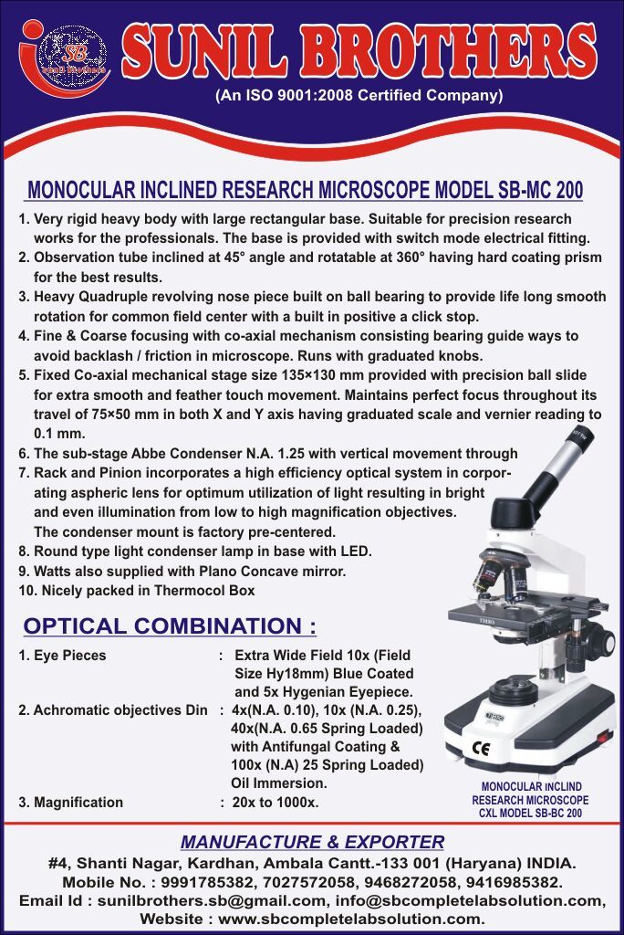 Monocular Research Microscope - Pressure Die Cast Body, 45 Degree Inclined Monocular Tube, Quadruple Nosepiece, Co-axial Mechanical Stage | Built-in Led Illumination, Wide Field Eyepieces