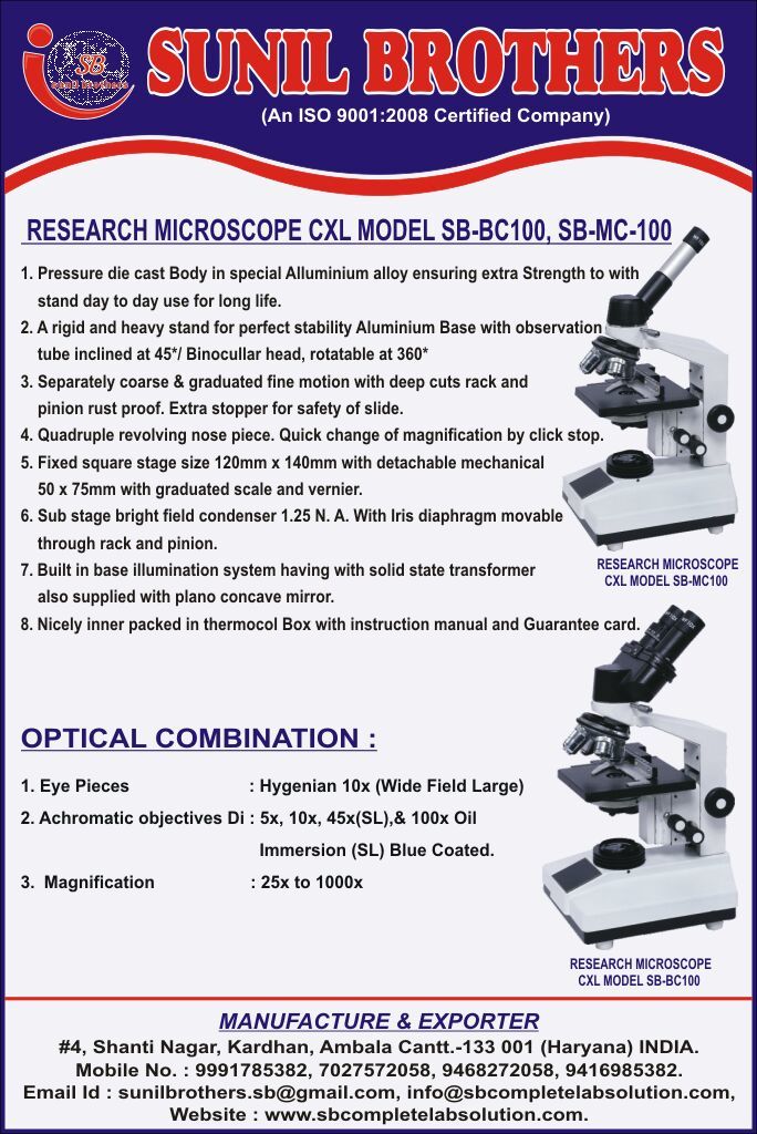 Monocular Research Microscope - Pressure Die Cast Body, 45 Degree Inclined Monocular Tube, Quadruple Nosepiece, Co-axial Mechanical Stage | Built-in Led Illumination, Wide Field Eyepieces