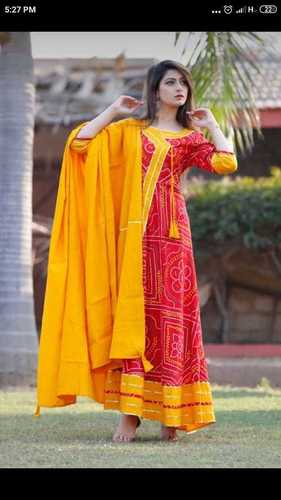 Fancy Anarkali Kurti - Floor Length Cotton, Red Printed Design with Three-Quarter Sleeves and Tie-Up Neckline