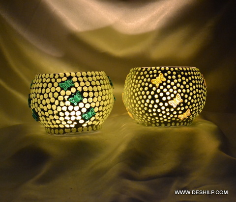 मोज़ेक के साथ ग्लास टी लाइट कैंडल होल्डर