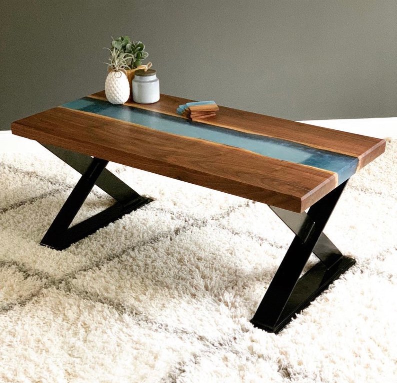 River Epoxy Coffee Table - Mango & Walnut Wood, 110x56x46 Cm | Handmade, Eco-friendly, Durable, Indoor Living Room Furniture, Uv Resistant