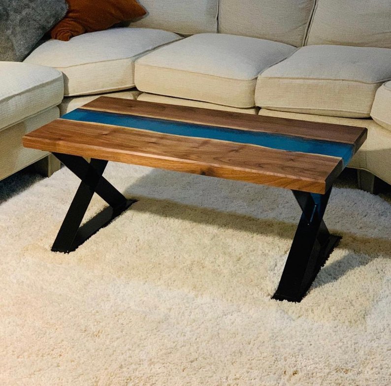 River Epoxy Coffee Table - Mango & Walnut Wood, 110x56x46 Cm | Handmade, Eco-friendly, Durable, Indoor Living Room Furniture, Uv Resistant