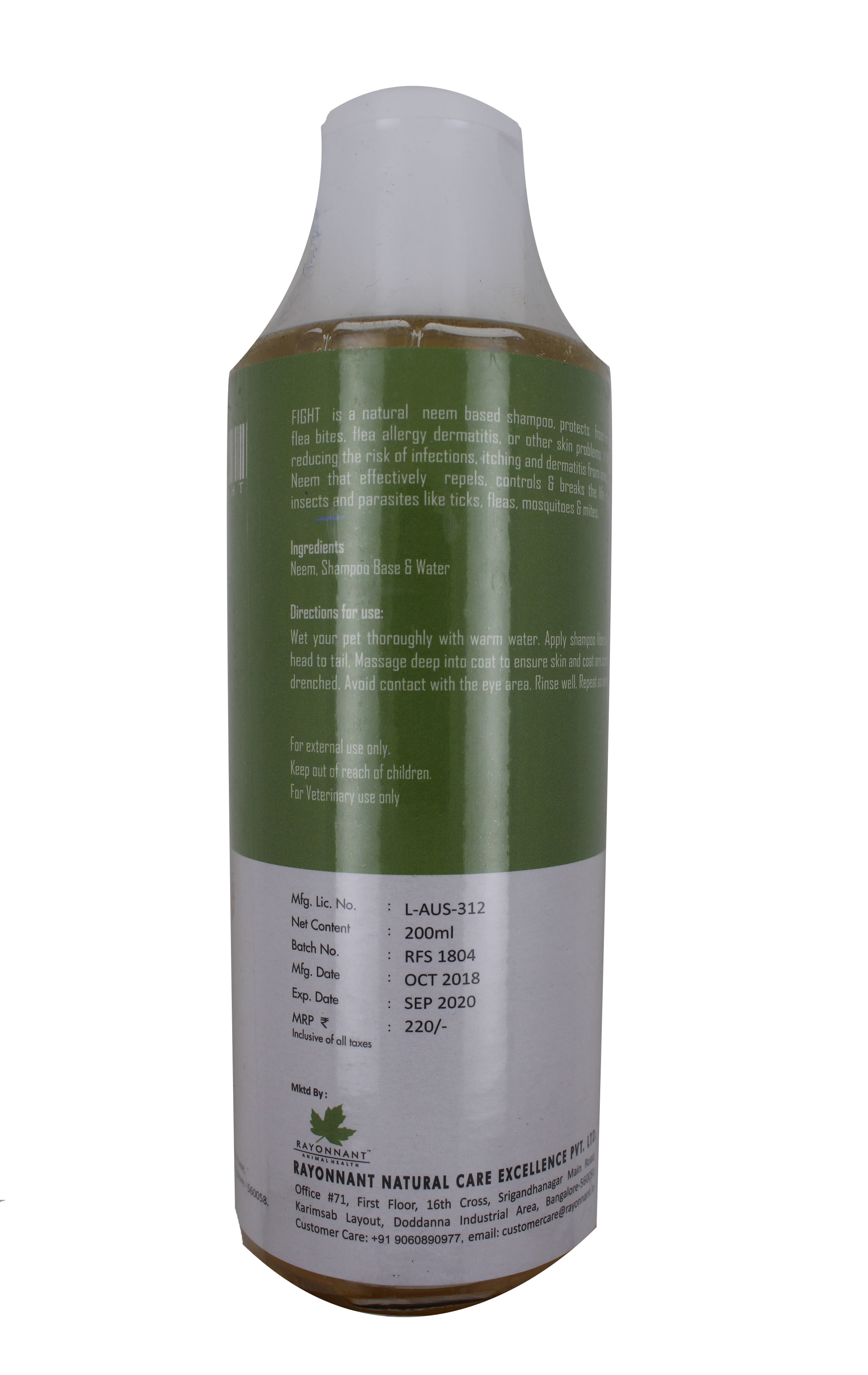 Fight Neem-based Shampoo - 200ml Liquid, Effective Against Ticks, Fleas, Mosquitos & Mites For Cats, Dogs & Cattle