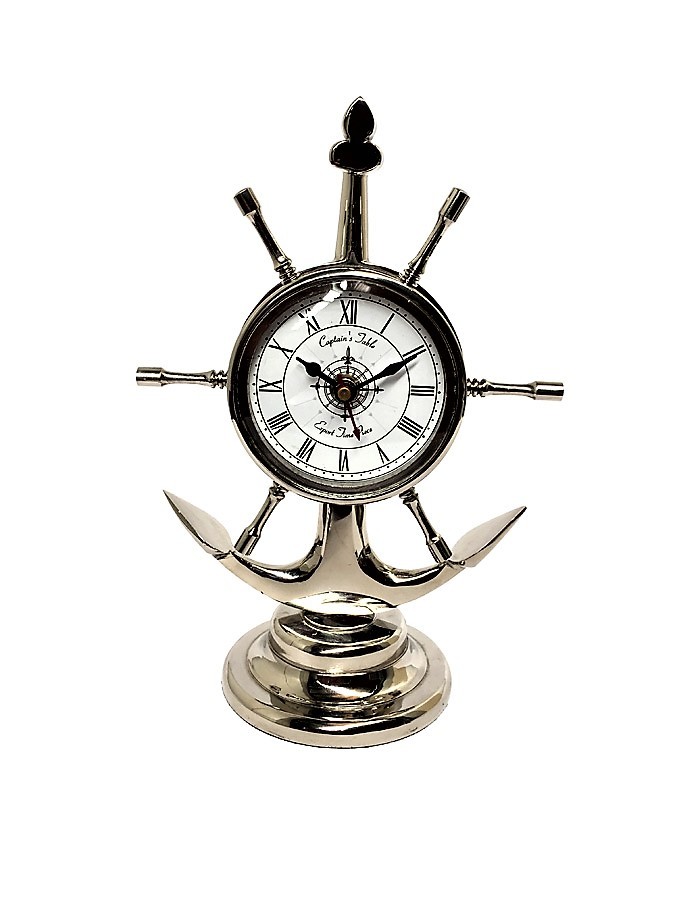 Table Clock - Combination Of Various Metals & Glass, Reflective Chrome Or Antique Brass Finish, Roman Numeral Design