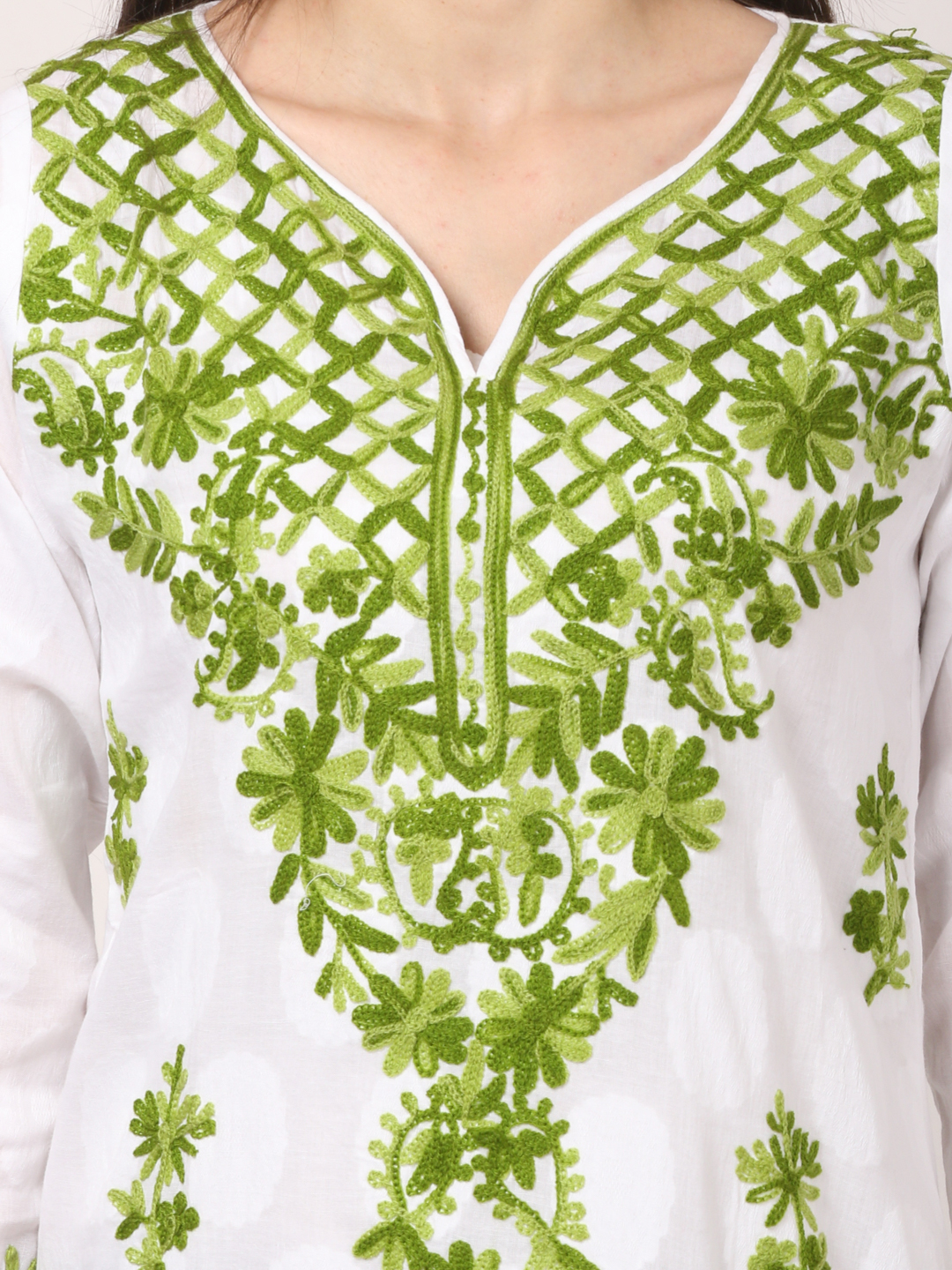 White And Green Cotton Chikankari Kurti