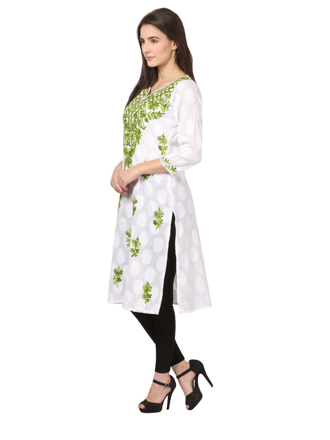 White And Green Cotton Chikankari Kurti