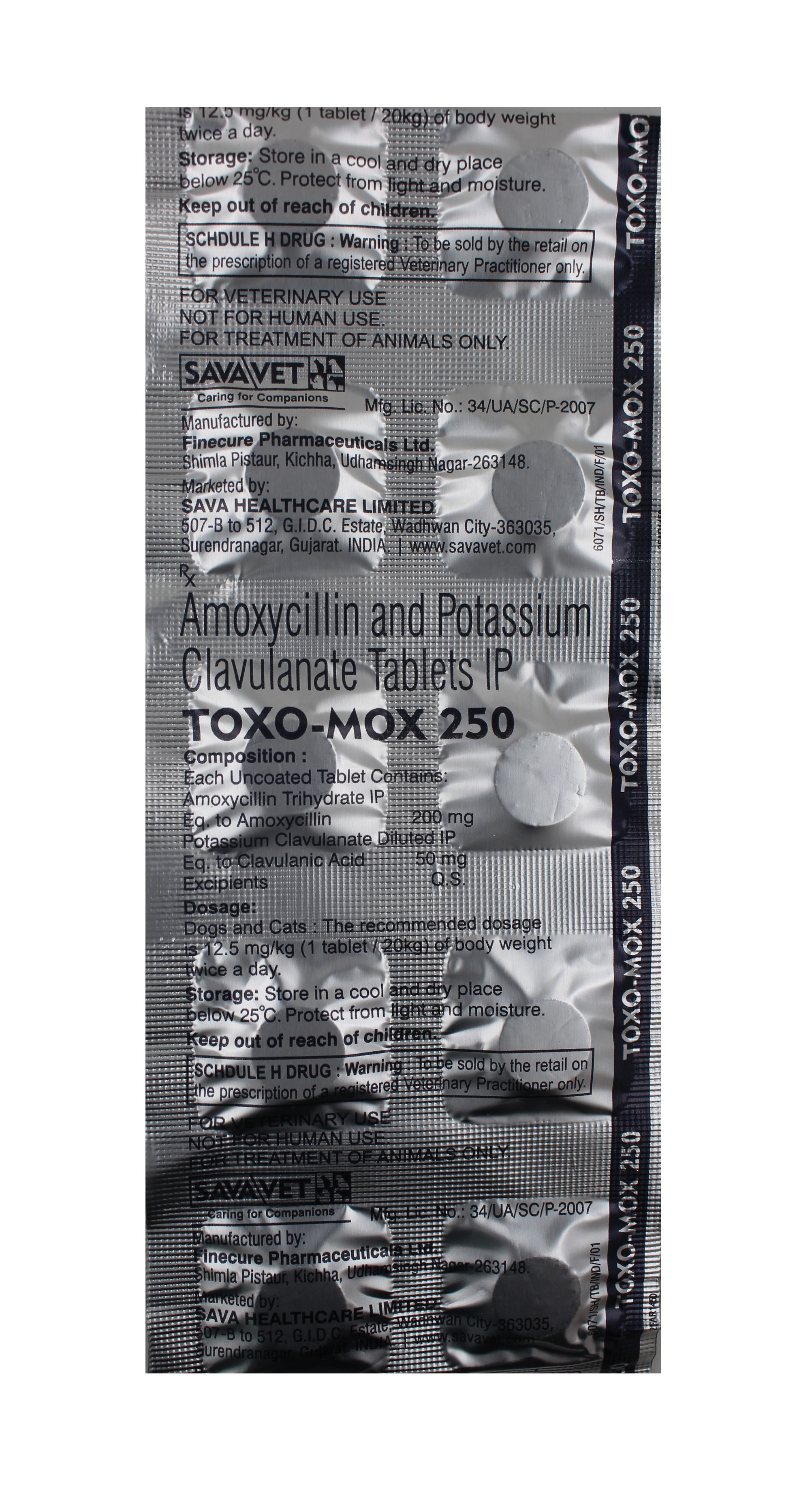 Toxo-mox - 250mg Veterinary Tablets, Amoxicillin 200mg + Clavulanic Acid 50mg, For Treating Bacterial Infections In Cats & Dogs