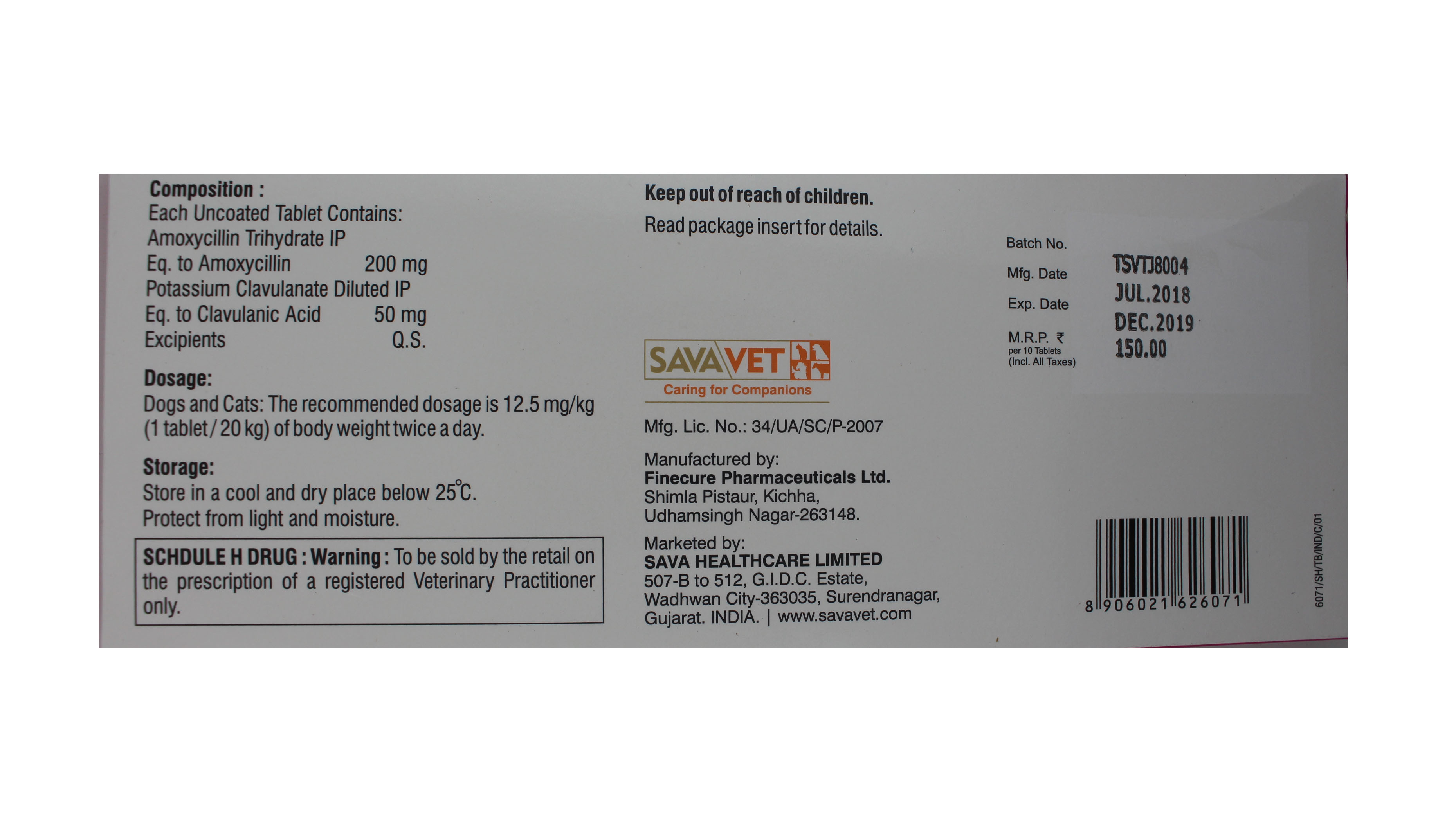 Toxo-mox - 250mg Veterinary Tablets, Amoxicillin 200mg + Clavulanic Acid 50mg, For Treating Bacterial Infections In Cats & Dogs