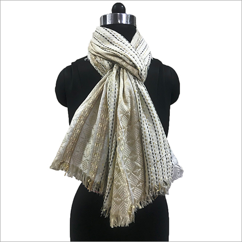 लाइट ब्राउन एंड व्हाइट लेडीज़ कॉटन जैक्वार्ड शॉल
