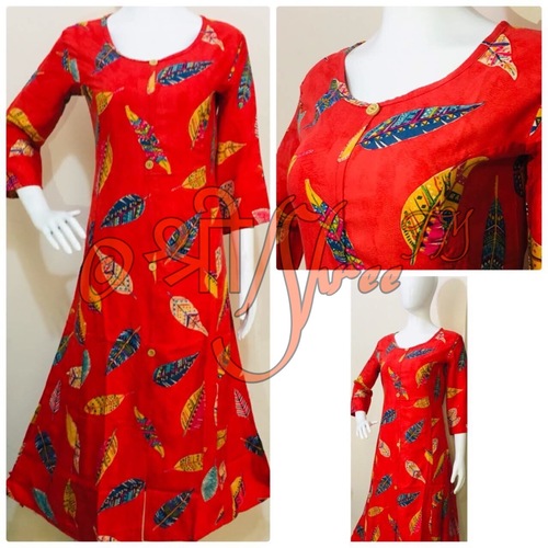 Red Printed Rayon Kurti Length: 50 Inch (In)