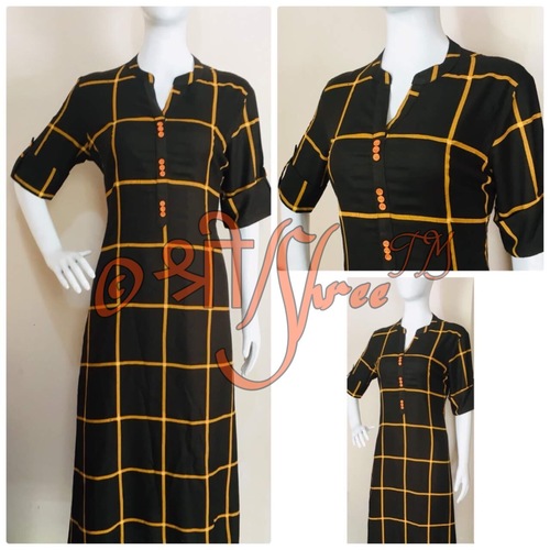 Black Check Printed Rayon Kurti Length: 50 Inch (In)