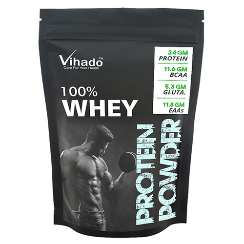 Vihado Whey Protein Pack of 1 - 1 kg Black, 24 gm Protein, 11.4 gm BCAAs, 3.7 gm Fat, Resealable Pouch, Quick Mix, Muscle Growth