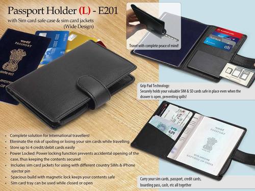 E201 - Passport Holder With Sim Card Safe Case & Sim Card Jackets (L) (Wide Design) - Pu Material, 17x13x2.5 Cm, Grip Pad Technology, Power Locking Feature