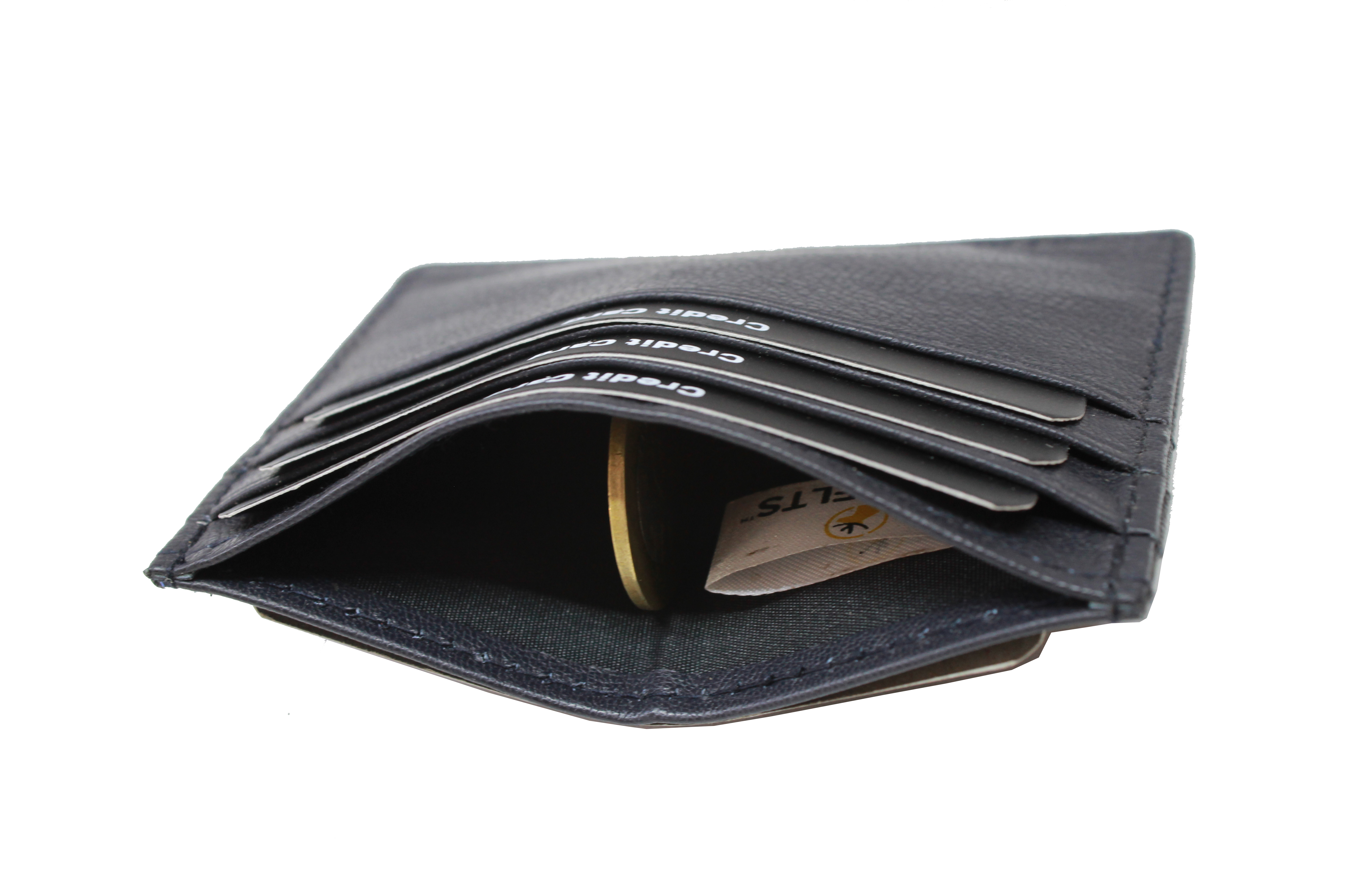 Leather Card Holder - Leather, 6 Card Slots, Blue | Durable Stitching, Cash Pocket, Easy To Clean, Sleek Design For Organized Storage