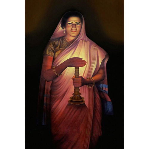 Wooden Brown Lady With Lamp Historical Painting