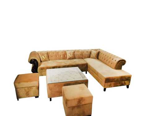 L Shape Sofa Set - Solid Wood, Handmade Suede Fabric, Brown Color | Durable, Eco-Friendly, Modern Design with One L Shape Sofa, Two Puffies, and Center Table