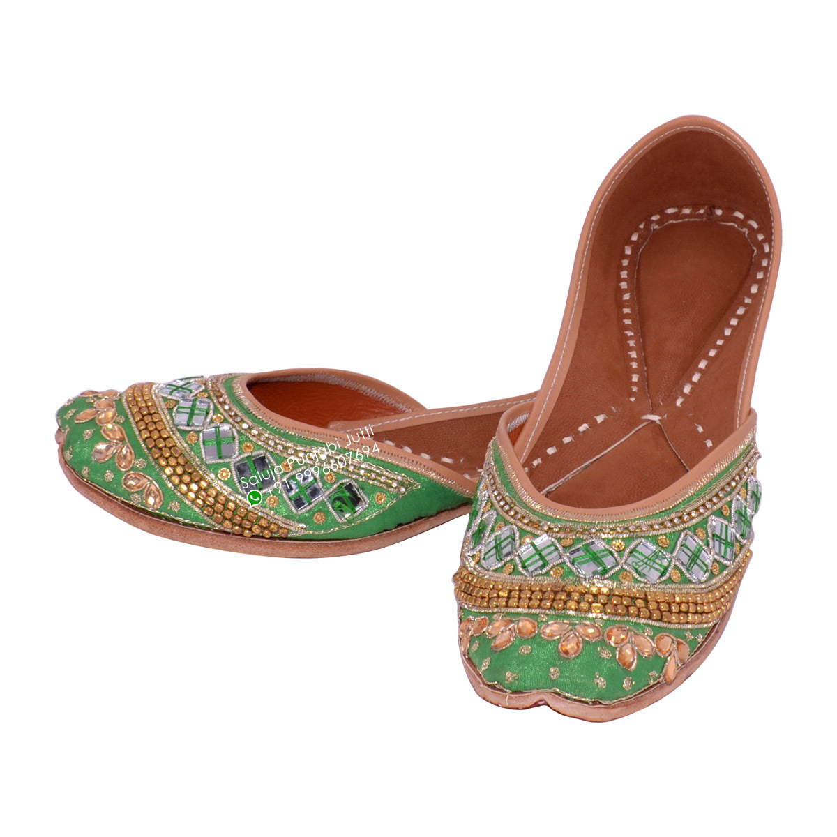 Designer Mirror Work Green Color Punjabi Jutti Heel Size: Flat