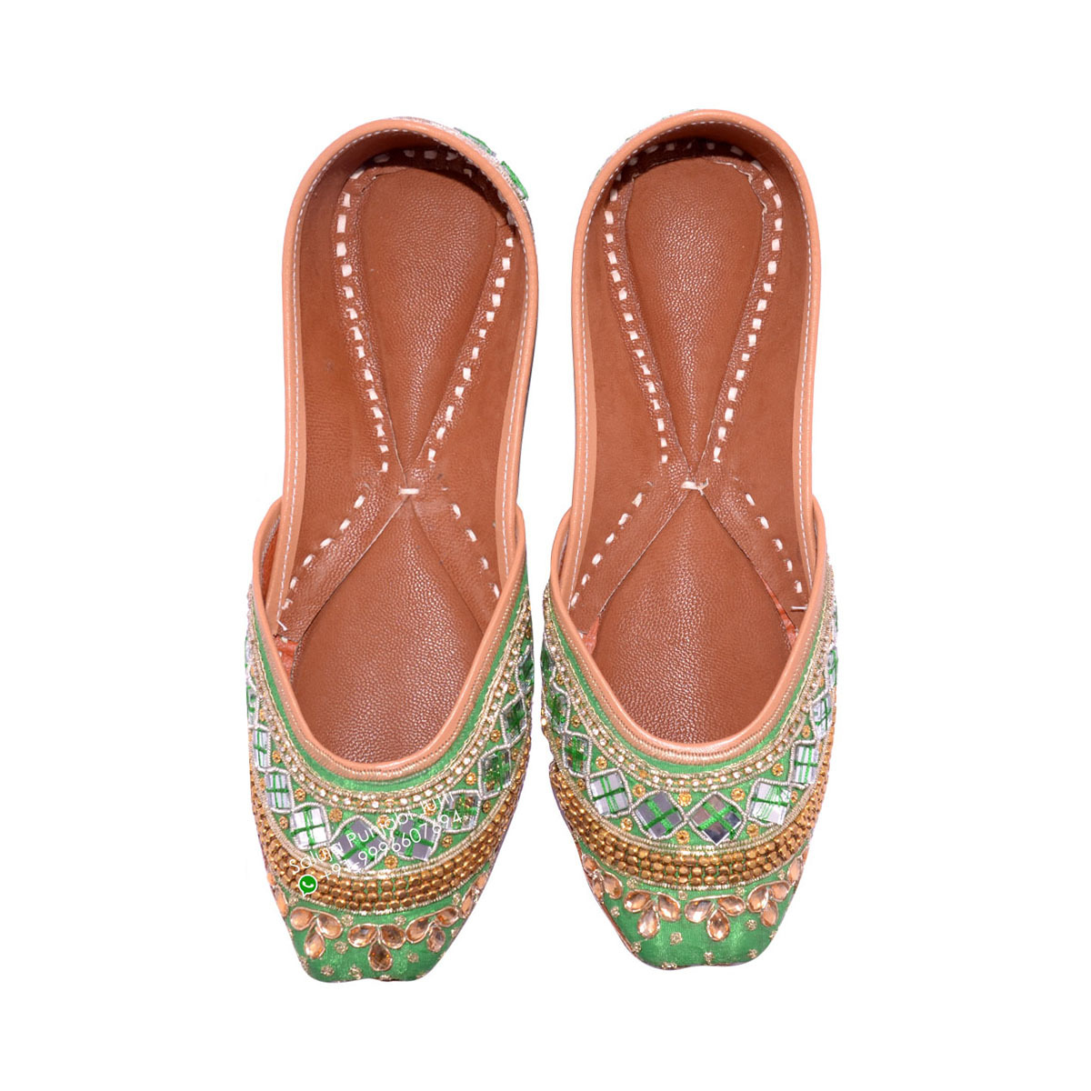 Designer Mirror Work Green Color Punjabi Jutti Heel Size: Flat