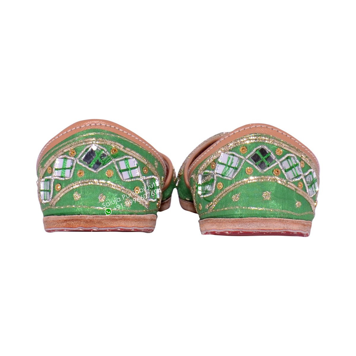 Designer Mirror Work Green Color Punjabi Jutti Heel Size: Flat