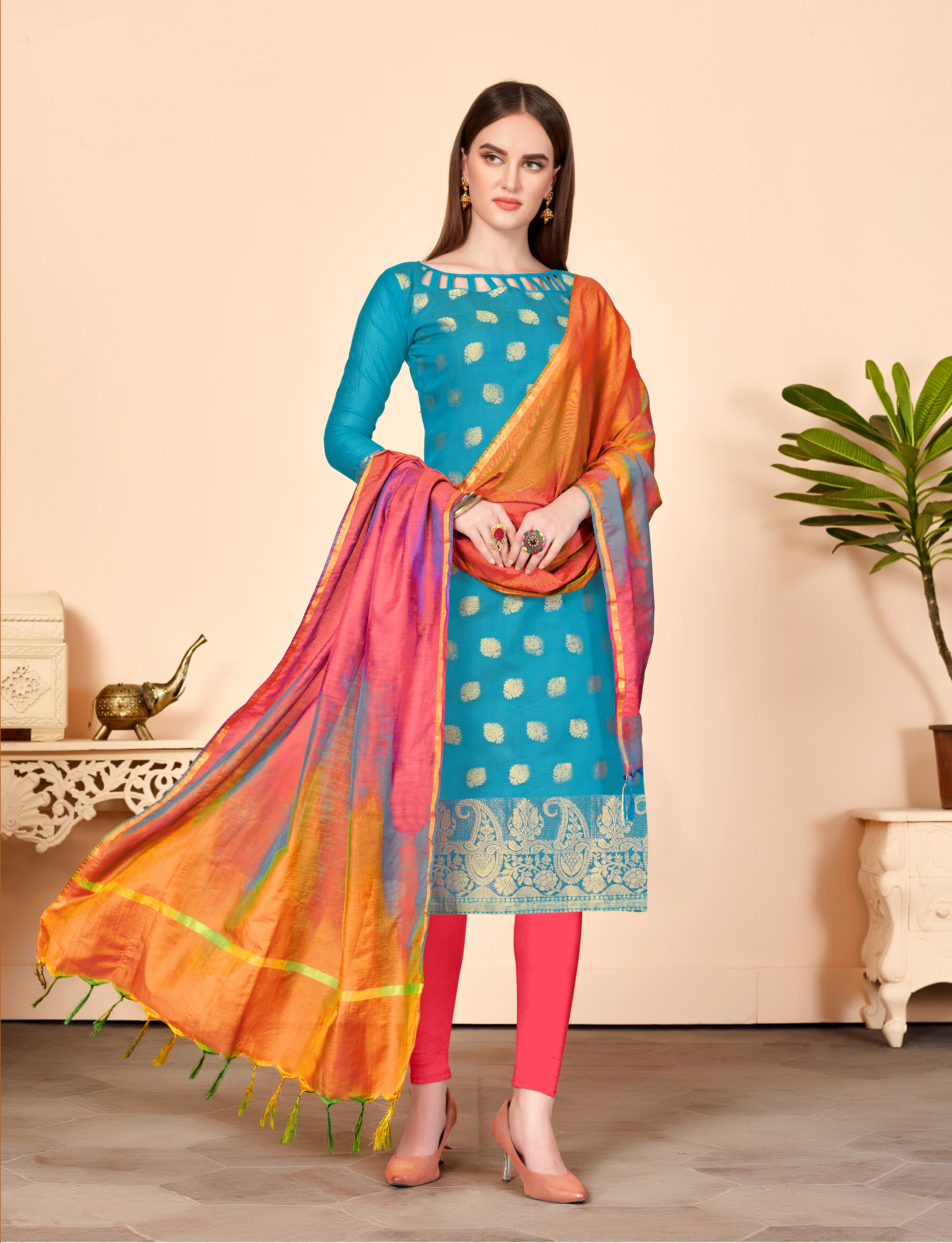 Women'S Pink Banarasi Cotton Dress Material Having Banarasi Dupatta With  Tassels Decoration Material: Beads Decoration Material: Beads at Best Price  in Surat | Blissta Clothing