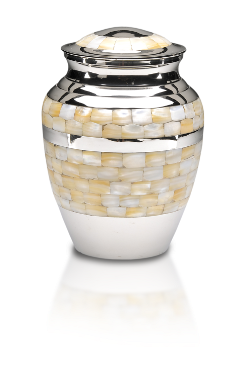 Gold Mother Of Pearl Cremation Urn In Golden Brass
