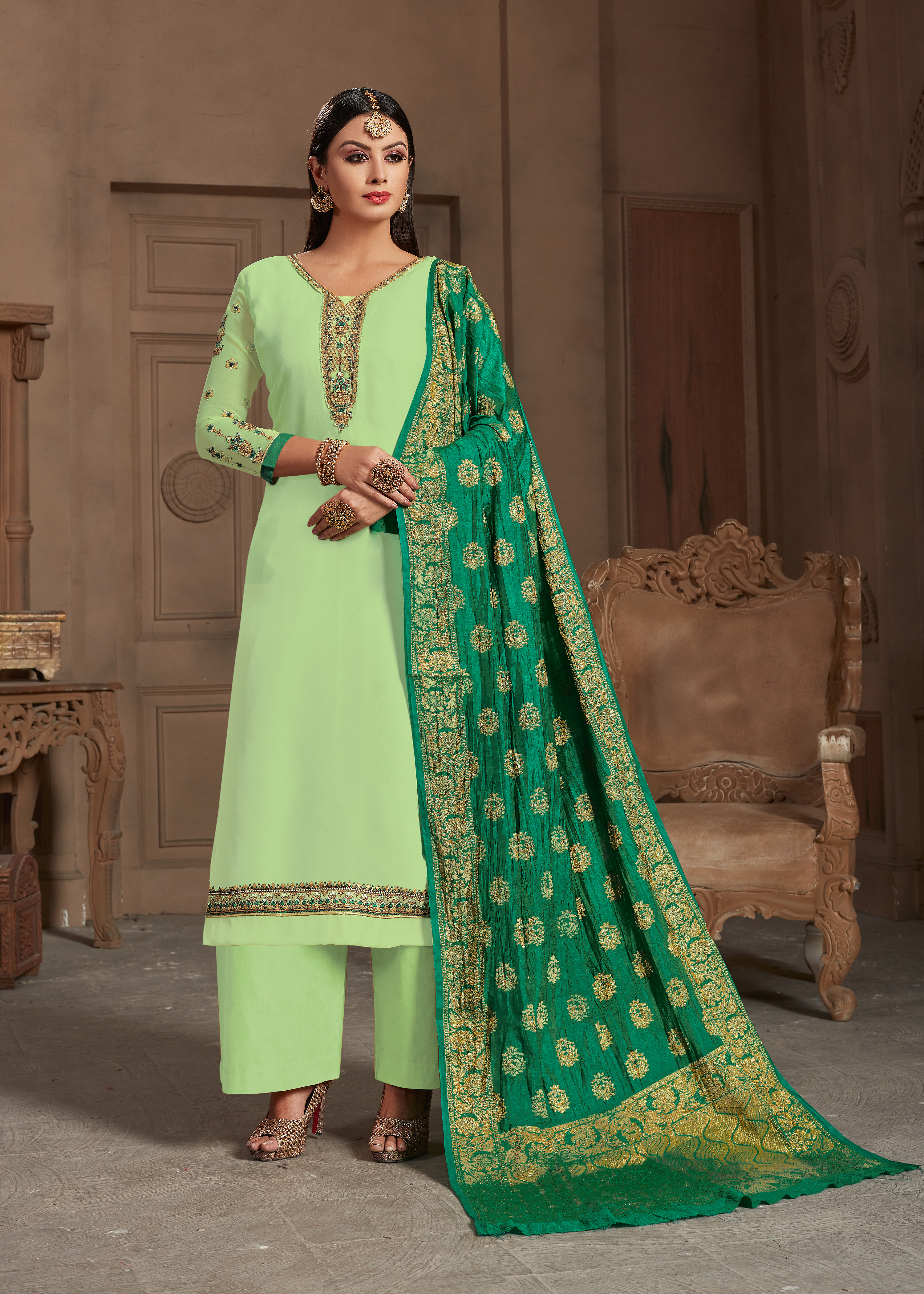 Straight Plazzo Suits - Georgette Top, Santoon Bottom, Banarasi Dupatta | Dark Green & Light Green, Short Sleeves, Trendy Ethnic Design