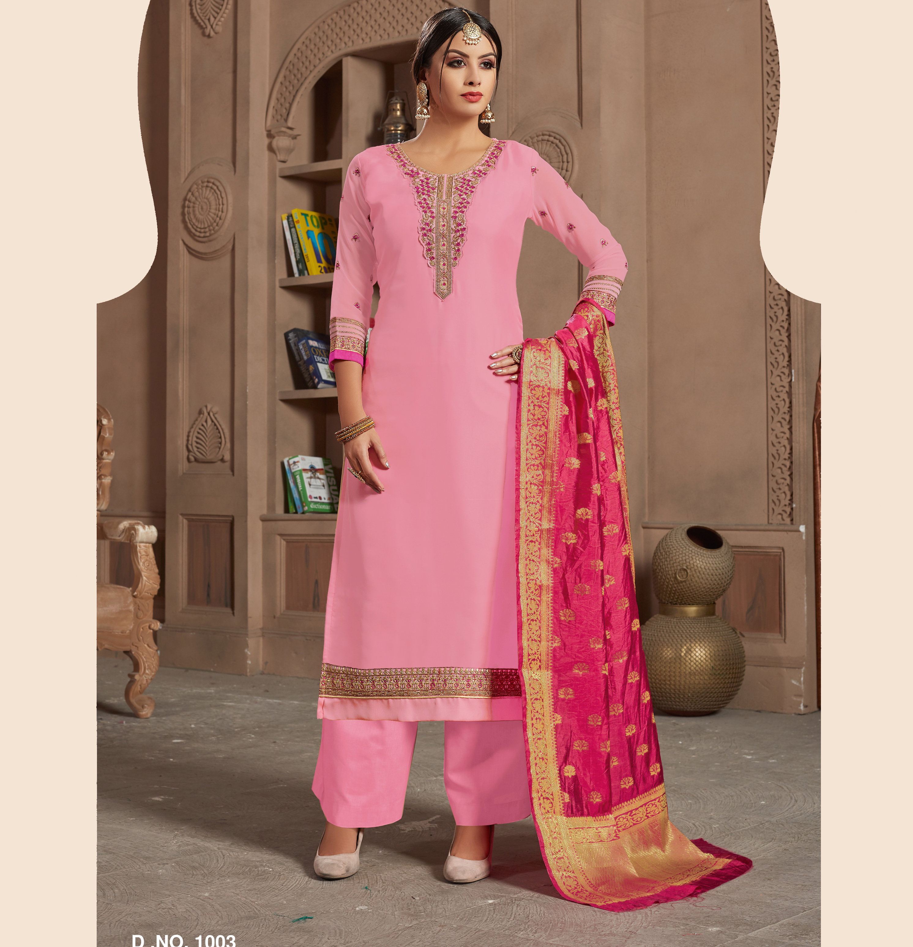 Straight Plazzo Suits - Georgette Top, Santoon Bottom, Banarasi Dupatta | Dark Green & Light Green, Short Sleeves, Trendy Ethnic Design