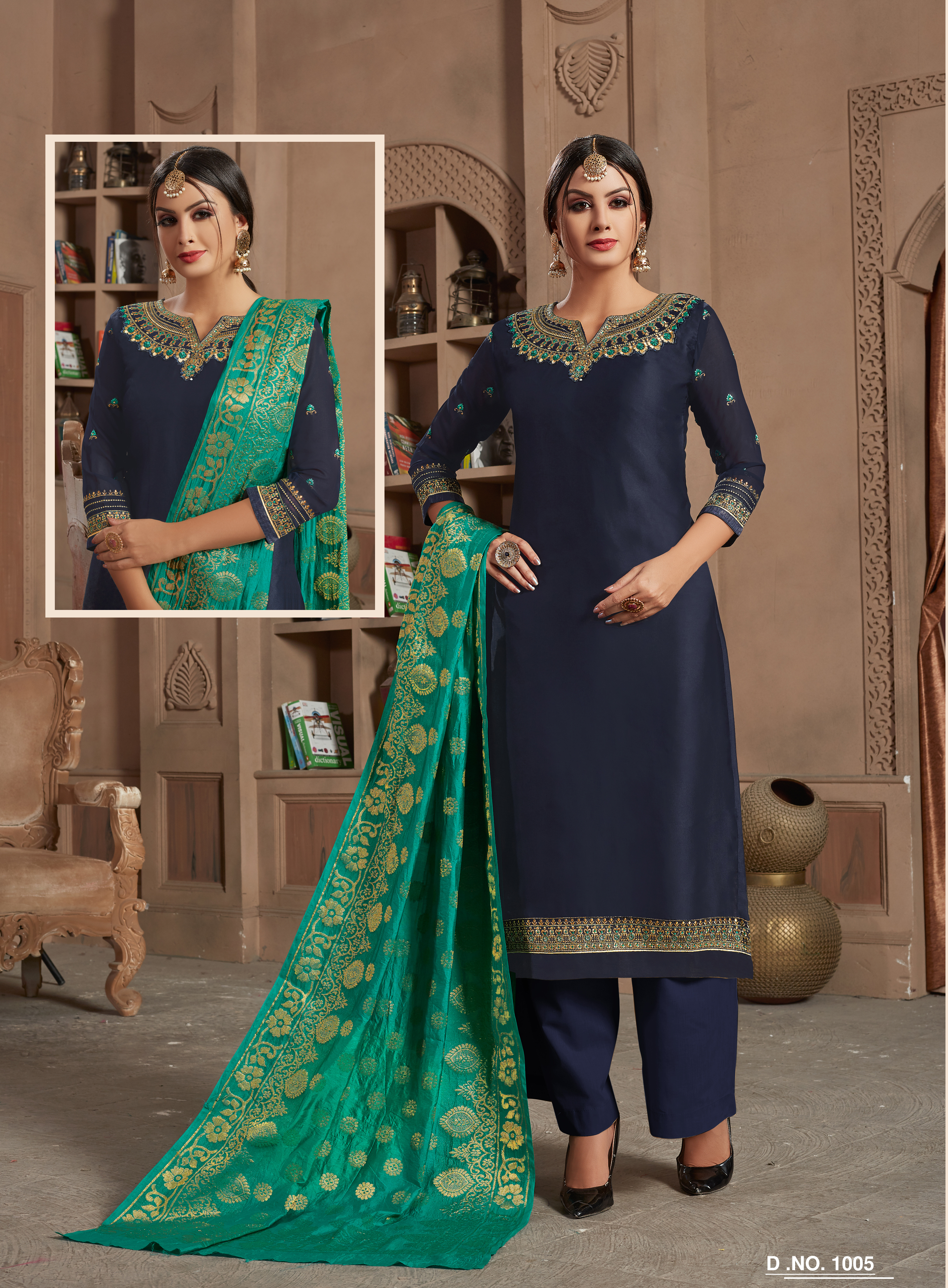 Straight Plazzo Suits - Georgette Top, Santoon Bottom, Banarasi Dupatta | Dark Green & Light Green, Short Sleeves, Trendy Ethnic Design