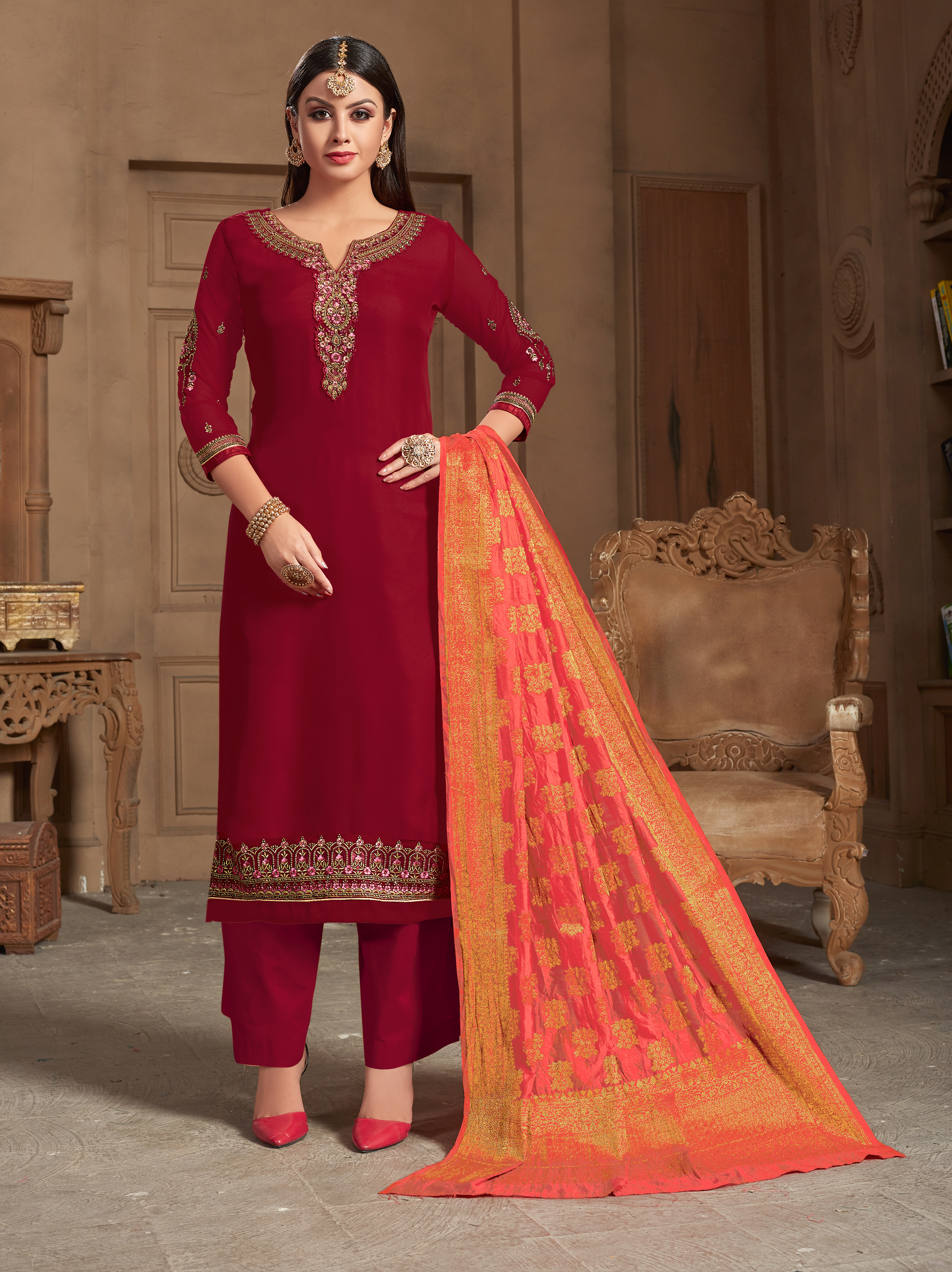 Straight Plazzo Suits - Georgette Top, Santoon Bottom, Banarasi Dupatta | Dark Green & Light Green, Short Sleeves, Trendy Ethnic Design